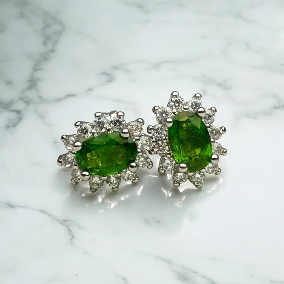Jewelry - New Sterling Silver, Natural Diopside & White Topaz Halo Stud Earrings
